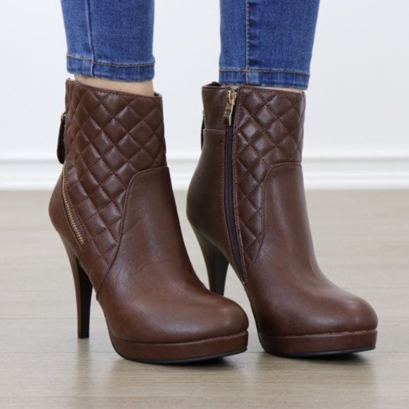 Brown Quilted Platform High Heel Ankle Boots - Picture 6 of 8
